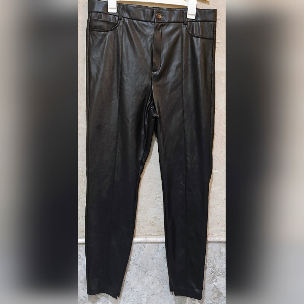Zara Basic Black Faux Leather Skinny Pants High Rise Side & Ankle Zip Size XXL